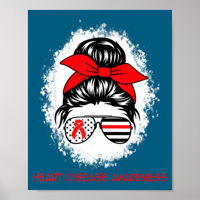 Poster Heart Disease Awareness Red Ribbon Heart Messy Bun (Frente)