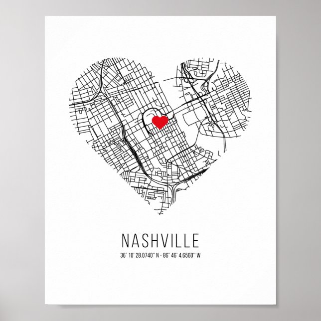 Poster Heart Nashville City Map (Estados Unidos) (Frente)