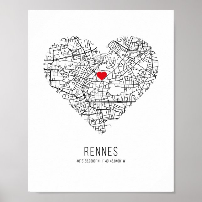 Poster Heart Rennes City Map, França (Frente)