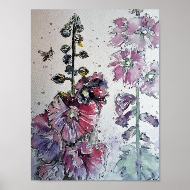 Poster Heavenly Hollyhocks Watercolour Painting Print (Frente)