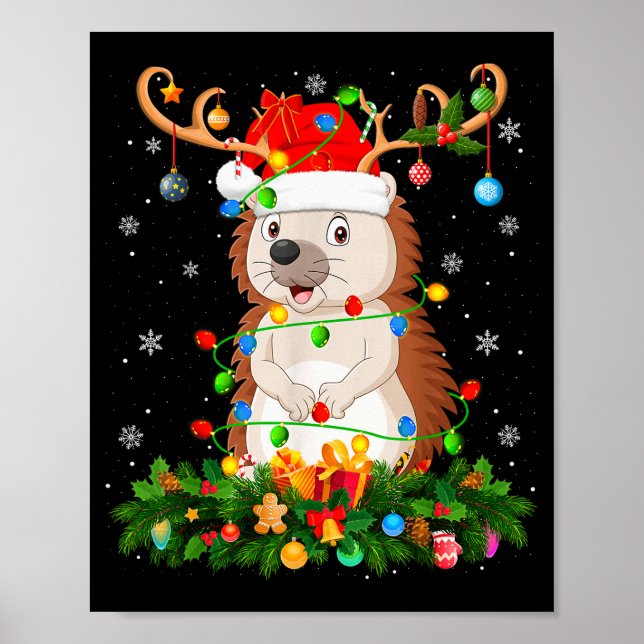 Poster Hedgehog Christmas Lights Reindeer Santa Hat Adult (Frente)