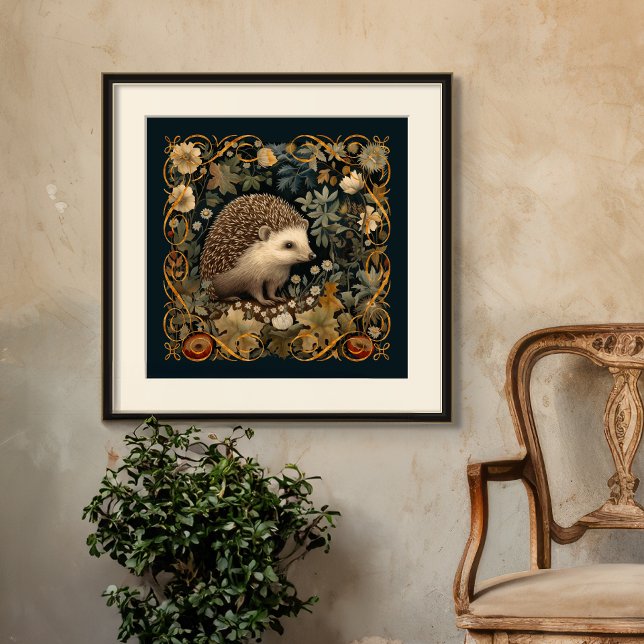 Pôster Hedgehog no estilo Forest William Morris (Frame not included)