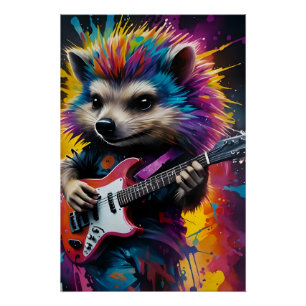 Pôster Hedgehog toca guitarra, grafite de rock