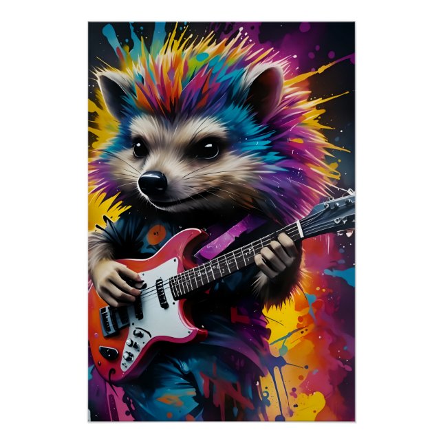 Pôster Hedgehog toca guitarra, grafite de rock (Frente)