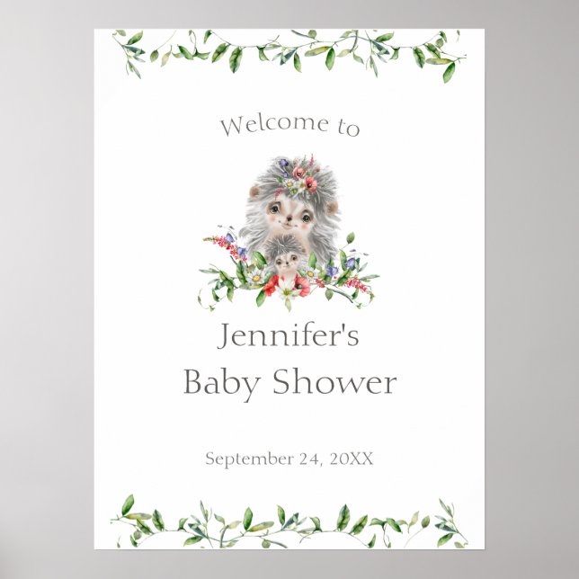 Poster Hedgehog Watercolor Floral Baby Shower Welcome (Frente)