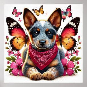 Poster Heeler Puppy cercado por borboletas e flores