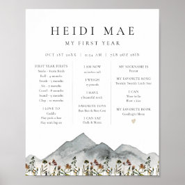 Poster HeIDI Boho Mountain Flower Primeiro Ano Milestone