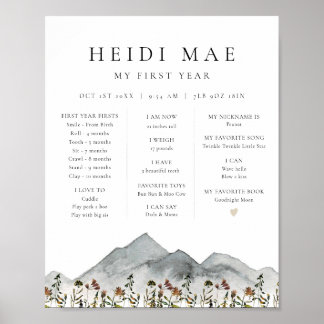 Poster HeIDI Boho Mountain Flower Primeiro Ano Milestone 