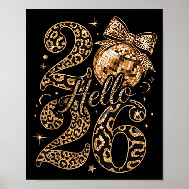 Poster Hello 2026 Leopard Coquette Disco Ball Happy New Y (Frente)