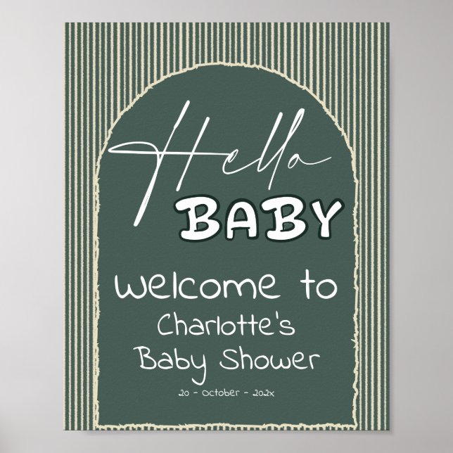 Poster Hello Baby Dark Green Stripes Baby Shower Welcome (Frente)
