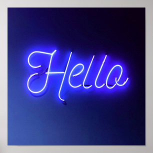 Poster Hello Fun Neon Blue Sign Bright and Cheerful