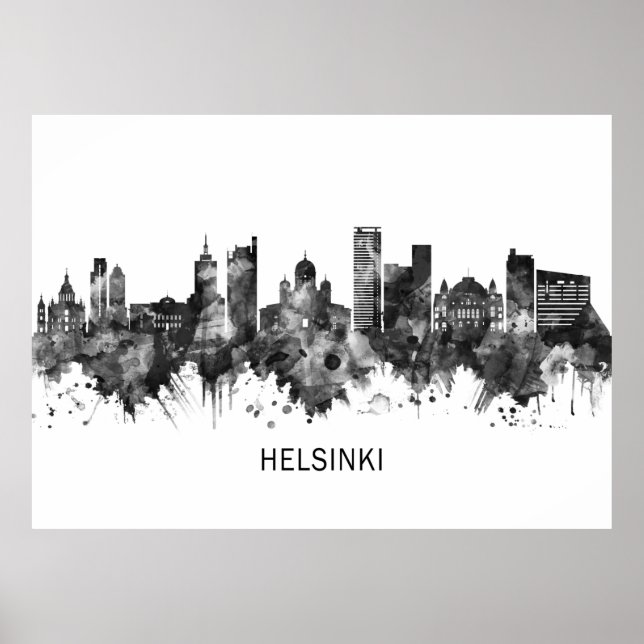 Poster Helsínquia Finlândia Skyline BW (Frente)