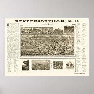 Pôster Hendersonville, NC Panorâmica Map - 1913