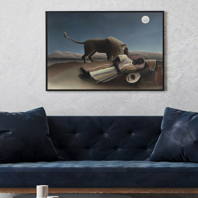 Poster Henri Rousseau's The Sleeping Gypsy (1897) famoso (Unveiling the Enigmatic: Exploring the Mysteries of Henri Rousseau’s The Sleeping Gypsy wall art pos)