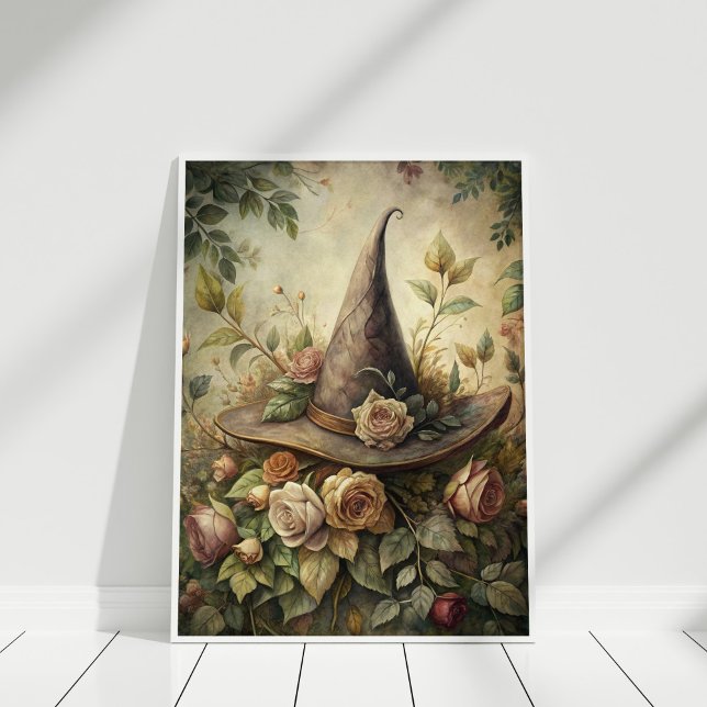 Poster Herb e Flores - Boho Witch Wall Art (Herb and Flowers Spell – Boho Witch Hat Wall Art in a white frame.)