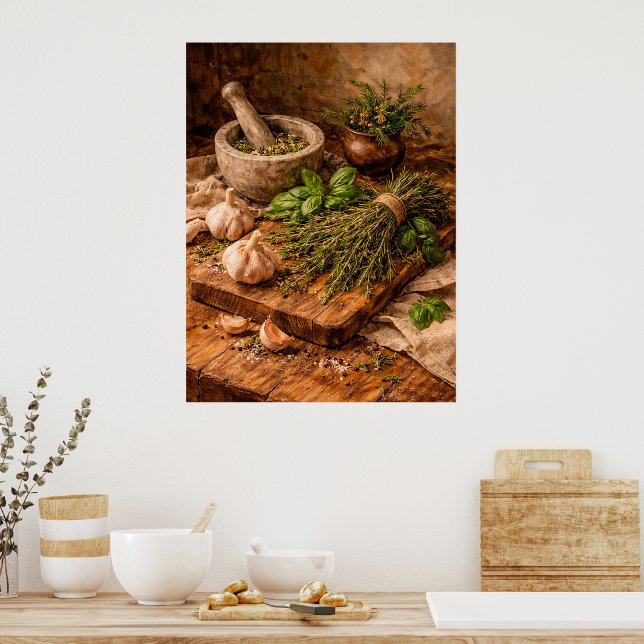 Poster Herbs and Garlic Still Life a Rustic Culinary (Cozinha)