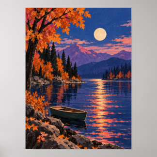 Poster Herbstsee im Mondlicht mit Ruderboot – Wandkunst