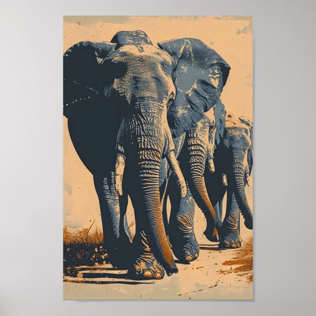 Poster Herda do Elefante Vintage: Serenidade na Natureza (Frente)