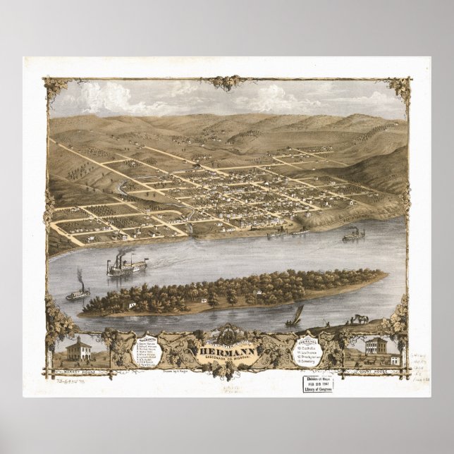 Pôster Hermann Missouri 1869 Mapa Panorâmico Antiquado (Frente)