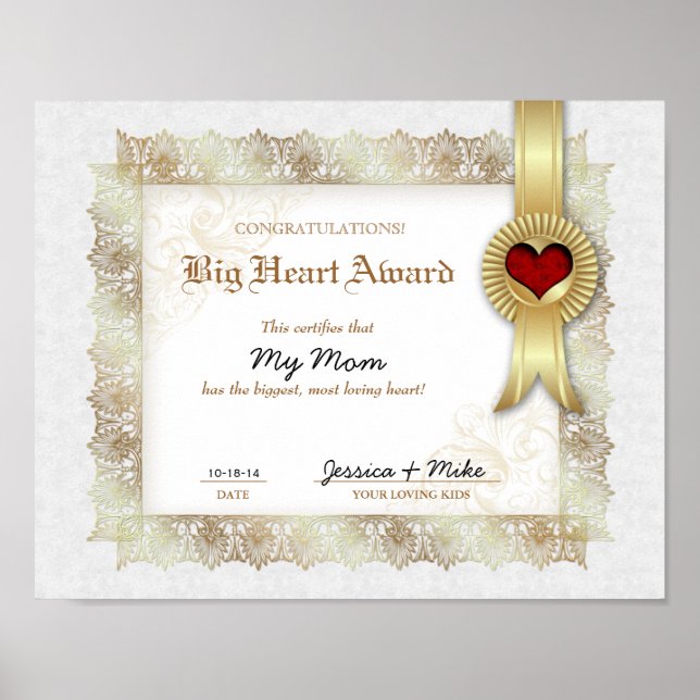Pôster Hero Heart Prêmio Certificate Best Mãe (Frente)
