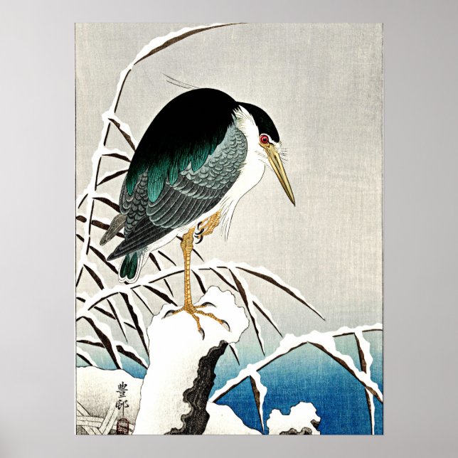 Poster Heron na neve, arte fina de Ohara Koson (Frente)