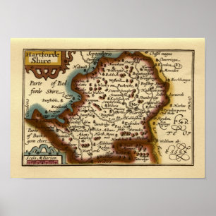 Poster Hertfordshire County England Antigo Mapa Antiquári