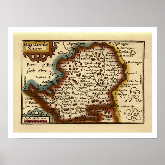 Poster Hertfordshire County England Antigo Mapa Antiquári (Frente)