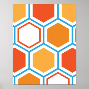 Poster Hexágono em laranja, azul e branco