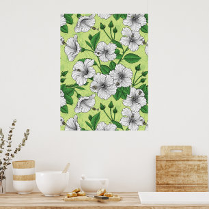 Poster Hibisco Branco Padrão Floral Tropical