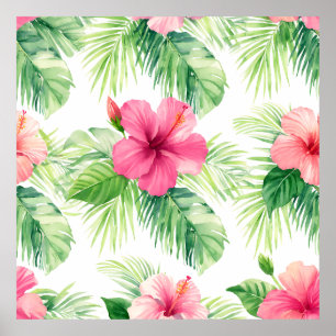 Poster Hibisco Rosa Palma Tropical Aquarela