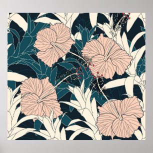 Poster hibisco rosa tropical, fundo escuro