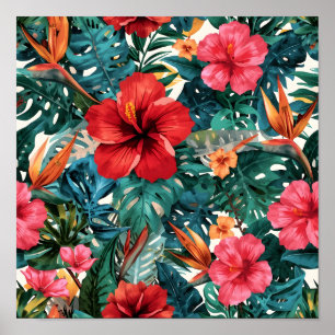 Poster Hibisco Tropical & Estampa de Folhas de Monstera