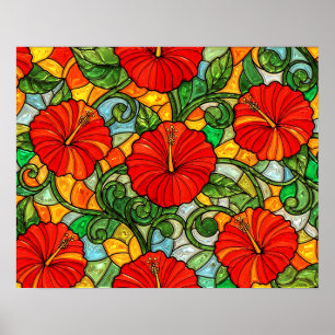 Poster Hibisco Vermelho Dourado Laranja Vidro Pintado Fal