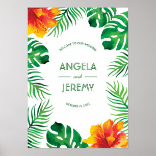 Poster Hibiscus alaranjado e folhas tropicais que Wedding
