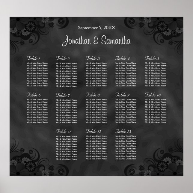 Poster Hibiscus Black 13 Tables Wedding Seating Chart (Frente)