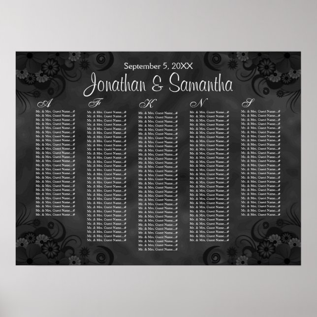 Pôster Hibiscus Black Floral Wedding Table Seating Charts (Frente)