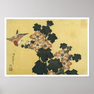 Poster Hibiscus e Sparrow, Hokusai, 1833-34