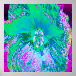Poster Hibiscus Retro Verde e Rosa Quente Psicodélico