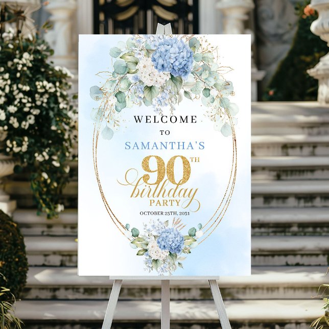 Poster Hidrângeas Pastel Clássicas Bem-vindo Aniversário  (Classic Pastel Hydrangeas Gold 90th Birthday Welcome)