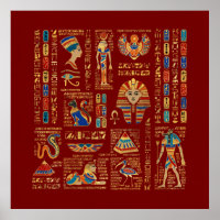 Hieróglifos egípcios e divindades em vermelho