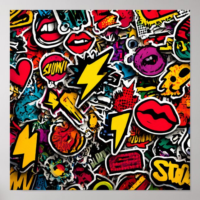 Poster High-Energy Urban Decor: Seamless Retro Sticker (Frente)