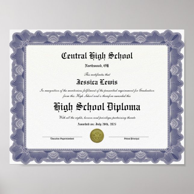 Poster High School Keepsake Graduation Diploma  (Frente)