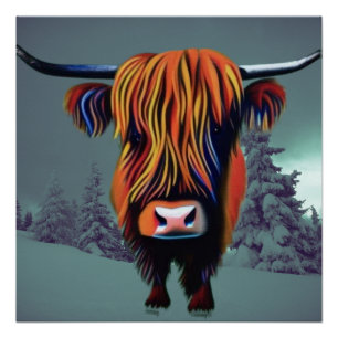 Pôster Highland Cattle em fundo de neve