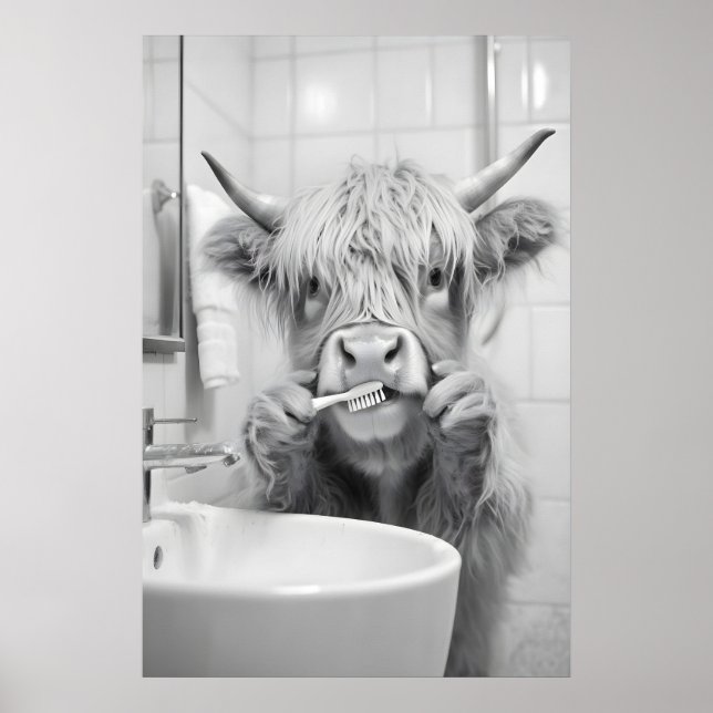 Poster Highland Cow Brushing Teeth Print, Funny Bathroom (Frente)