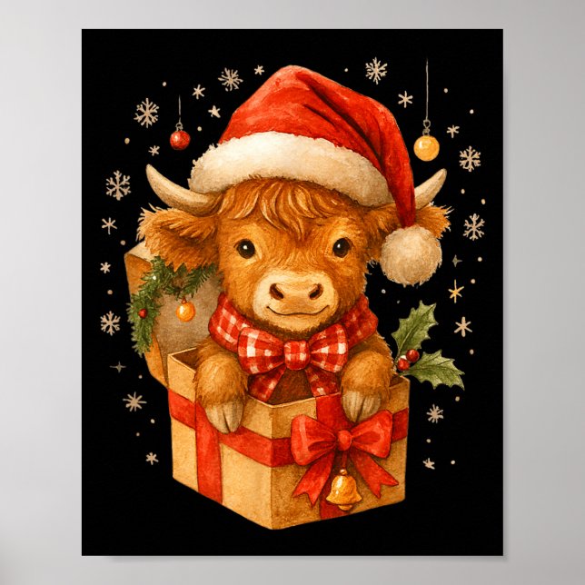Poster Highland Cow Christmas In Box Watercolor Santa Hat (Frente)