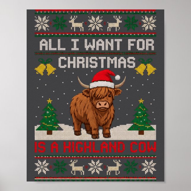 Poster Highland Cow Christmas Ugly Sweater Style Festive  (Frente)