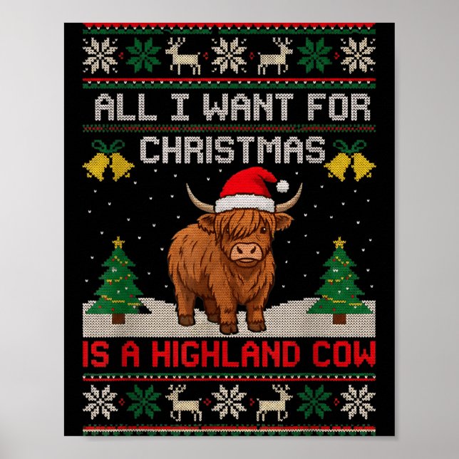Poster Highland Cow Christmas Ugly Sweater Style Festive  (Frente)