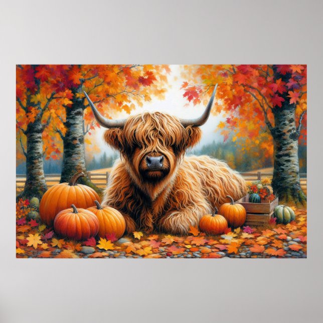 Poster Highland Cow Fall Pumpkins Watercolor (Frente)