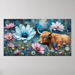 Poster Highland Cow Floral Colorida Cosmos Tapeçaria II