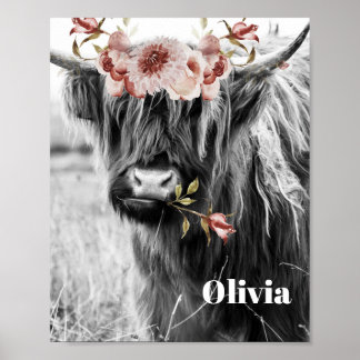 Poster Highland Cow Floral | Nome das Crianças de Cowgirl